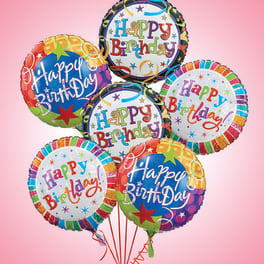 Cluster of colorful birthday balloons with "Happy Birthday" text