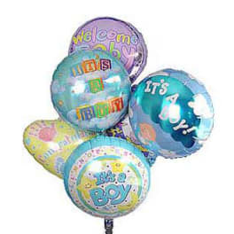 Cluster of baby shower balloons with pastel text and patterns
