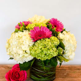 Pink gerbera daisies and white hydrangeas in a glass vase