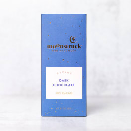 Blue box of dark chocolate with gold speckles