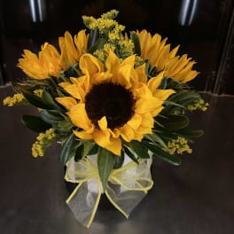 Sunflower arrangement in a black vase with yellow ribbon