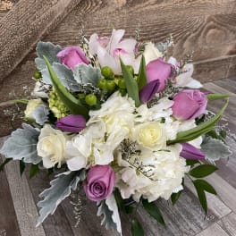 Bouquet of pink and white roses with hydrangeas and tulips
