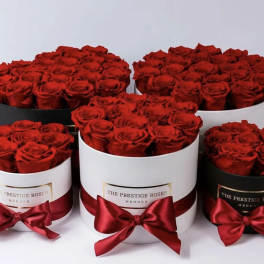 Red roses arranged in round hat boxes with satin bows