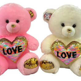 Pair of plush teddy bears, one pink and one cream, holding sequin LOVE hearts with gold accents.