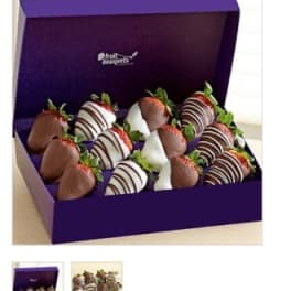 Box of chocolate-covered strawberries in a purple gift box
