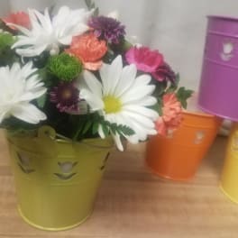 Mixed daisy bouquet in a green metal bucket with colorful buckets behind it