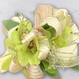 Lime green orchid corsage with cream ribbon loops