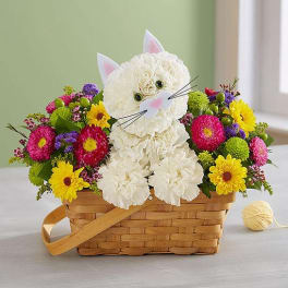 Flower basket with a cat face made from white blooms and colorful daisies