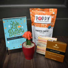 Gift set with a potted cactus, crossword notebook, popcorn, napkins, and chocolates