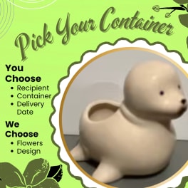 Promotional graphic with a small ceramic animal planter and text about choosing a container