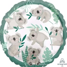 Round koala-themed balloon with five cartoon koalas and green leaves