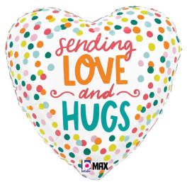 Heart-shaped balloon with colorful polka dots and the words sending love and hugs