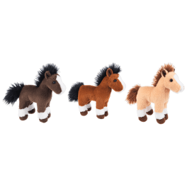 Three plush toy horses in brown, chestnut, and tan