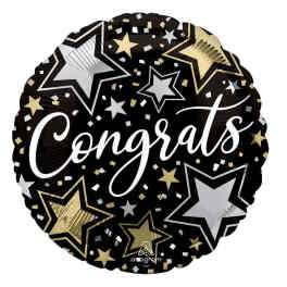 Round black balloon with stars and the word Congrats