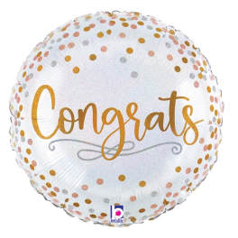Round foil balloon with "Congrats" text and confetti dots