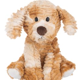 Tan and cream plush puppy dog stuffed animal sitting upright