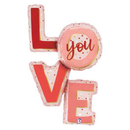 Pink and red foil balloons spelling LOVE with a polka-dot heart balloon