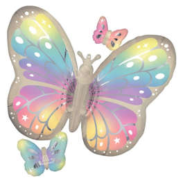 Rainbow butterfly balloons with a large central butterfly and two smaller ones
