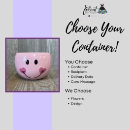 Pink smiley-face ceramic container beside text about choosing a container