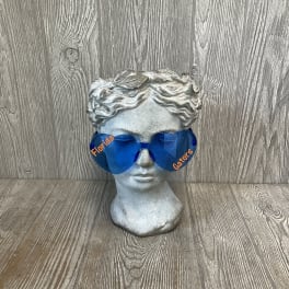 Stone bust wearing blue Florida Gators sunglasses