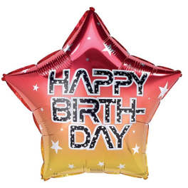 Star-shaped birthday balloon with red and gold gradient and "HAPPY BIRTHDAY" text
