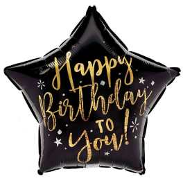 Black star-shaped birthday balloon with gold lettering