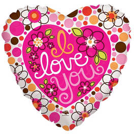 Heart-shaped foil balloon with pink center, colorful dots, and “I love you” text.
