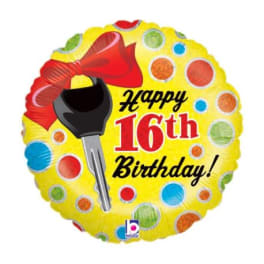 Round birthday balloon with a key graphic and "Happy 16th Birthday" text