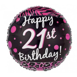 Round black and pink birthday balloon reading "Happy 21st Birthday!"