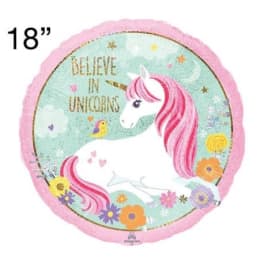 Round unicorn balloon with flowers and the words "Believe in Unicorns"