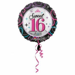 Round balloon reading Sweet 16 with a pink ribbon tail