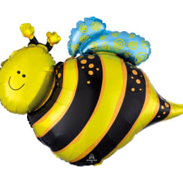 Bee-shaped foil balloon with a smiling face and blue wings