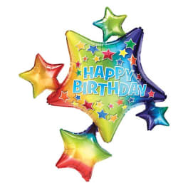 Rainbow star-shaped birthday balloons with "Happy Birthday" text