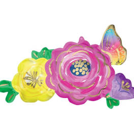 Colorful flower-shaped balloon decoration with pink, yellow, purple, and butterfly accents