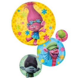Troll character balloons with bright floral patterns