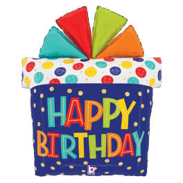Birthday cake-shaped balloon with colorful "Happy Birthday" text