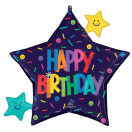 Star-shaped birthday balloon with colorful text and smiley faces