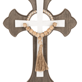 Wooden cross wall decor with a bead rosary and tassel