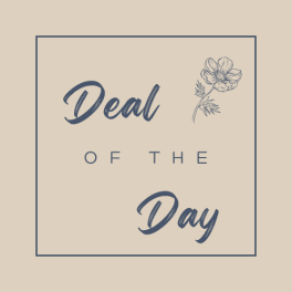 Graphic reading Deal of the Day with a small line-drawn flower on a peach background