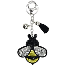 Bee-shaped rhinestone keychain with a black tassel