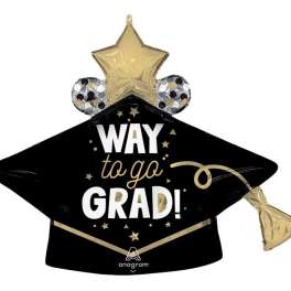 Graduation cap-shaped balloon with gold star and "Way to go grad!" text