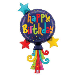 Happy Birthday balloon with colorful stars and tassels