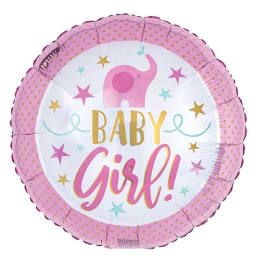 Pink round balloon with "Baby Girl!" text and an elephant graphic