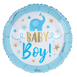 Round blue foil balloon reading Baby Boy!
