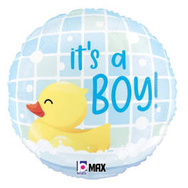 Round baby shower balloon with a duck and the words "it's a BOY!"