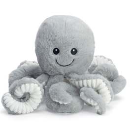 Gray plush octopus toy with a smiling face on a white background