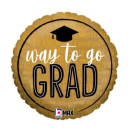 Gold graduation balloon with "way to go GRAD" text