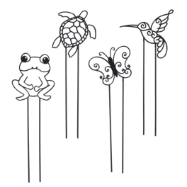 Set of decorative metal garden stakes with a frog, turtle, butterfly, and hummingbird