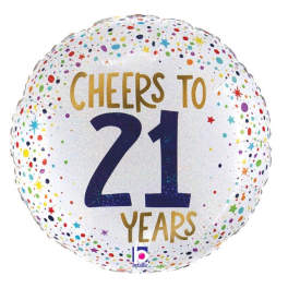 Round confetti balloon reading "Cheers to 21 Years"