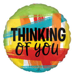 Round multicolor balloon with the words "THINKING OF YOU"